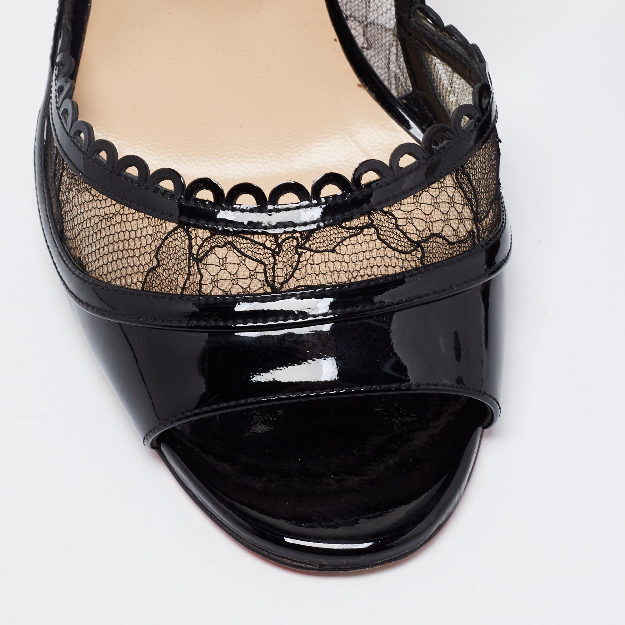 Women's Christian Louboutin Black Lace Patent Chantilly Butterfly Open-Toe Pumps Size 39