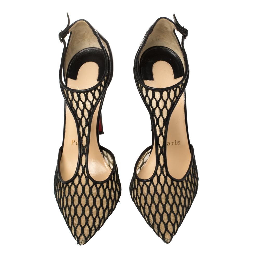 These Salonu sandals by Christian Louboutin are a dream pair worth owning. Beautifully designed with T-strap with lace and mesh, these sandals flaunt peep toes, 10.5 cm heels, and the signature red soles.

