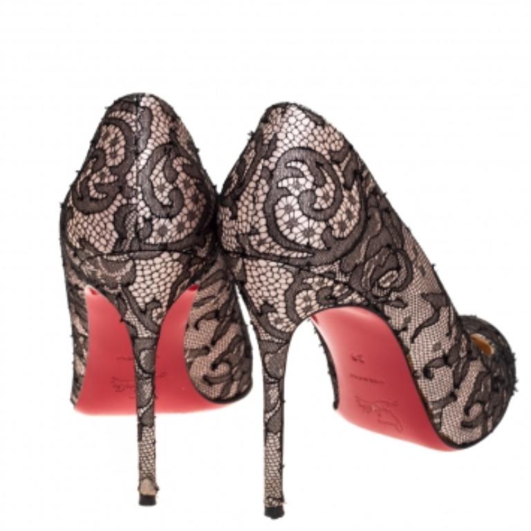 Christian Louboutin Black Lace Satin And Lace Fifi Round Toe Pumps Size 36 In Good Condition For Sale In Dubai, Al Qouz 2