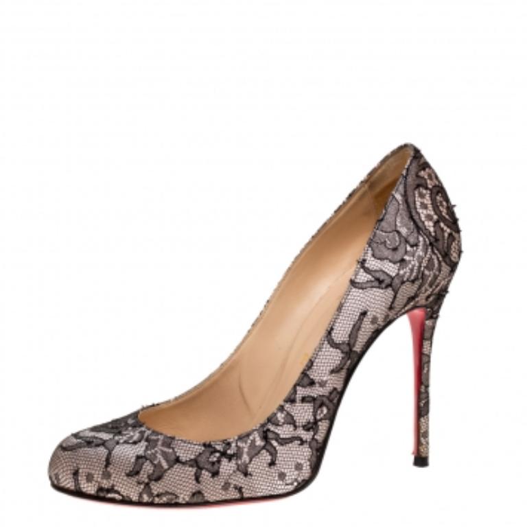 Christian Louboutin Black Lace Satin And Lace Fifi Round Toe Pumps Size 36 For Sale 2