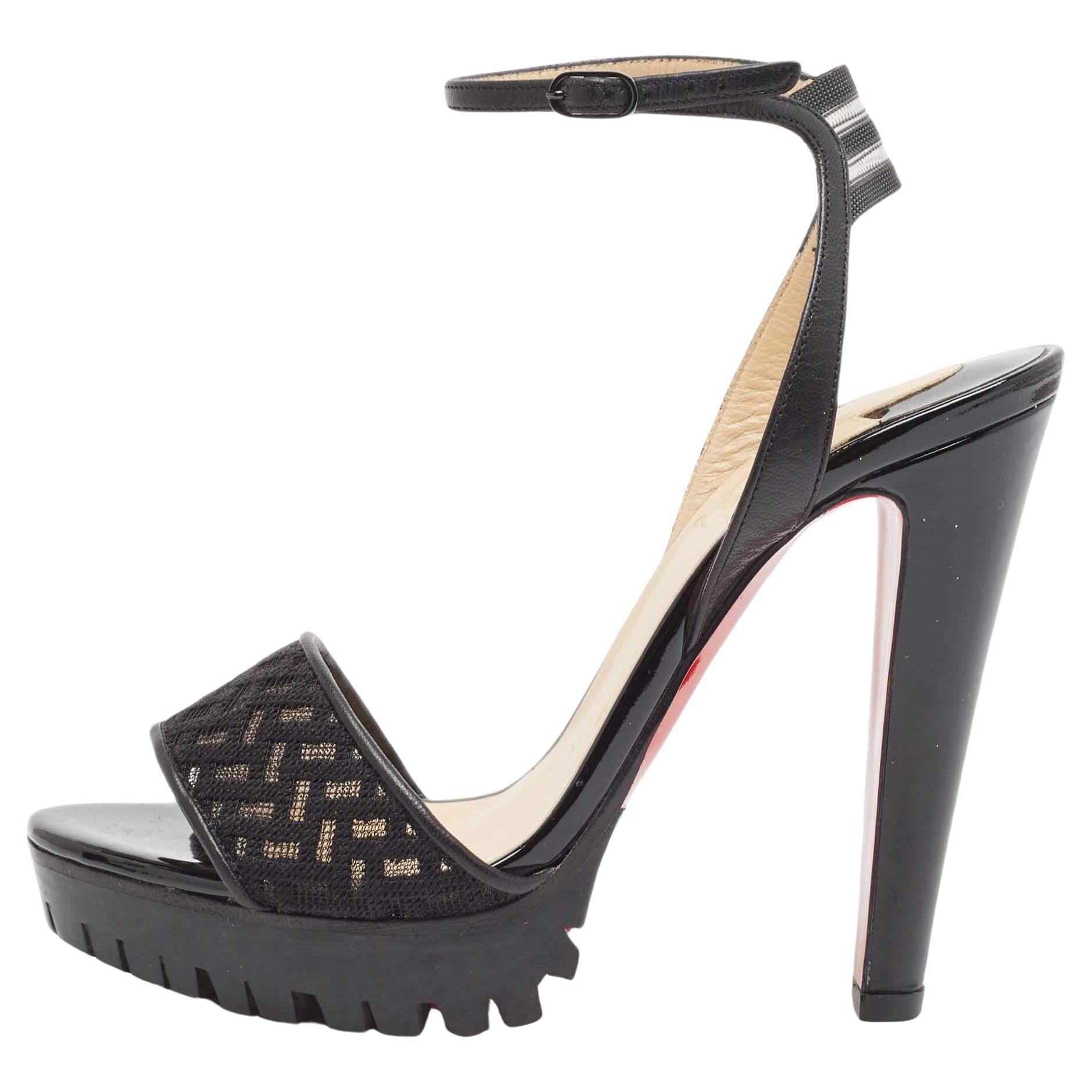 Christian Louboutin Black Lace Volumetric Ankle Strap Sandals Size 35 For Sale