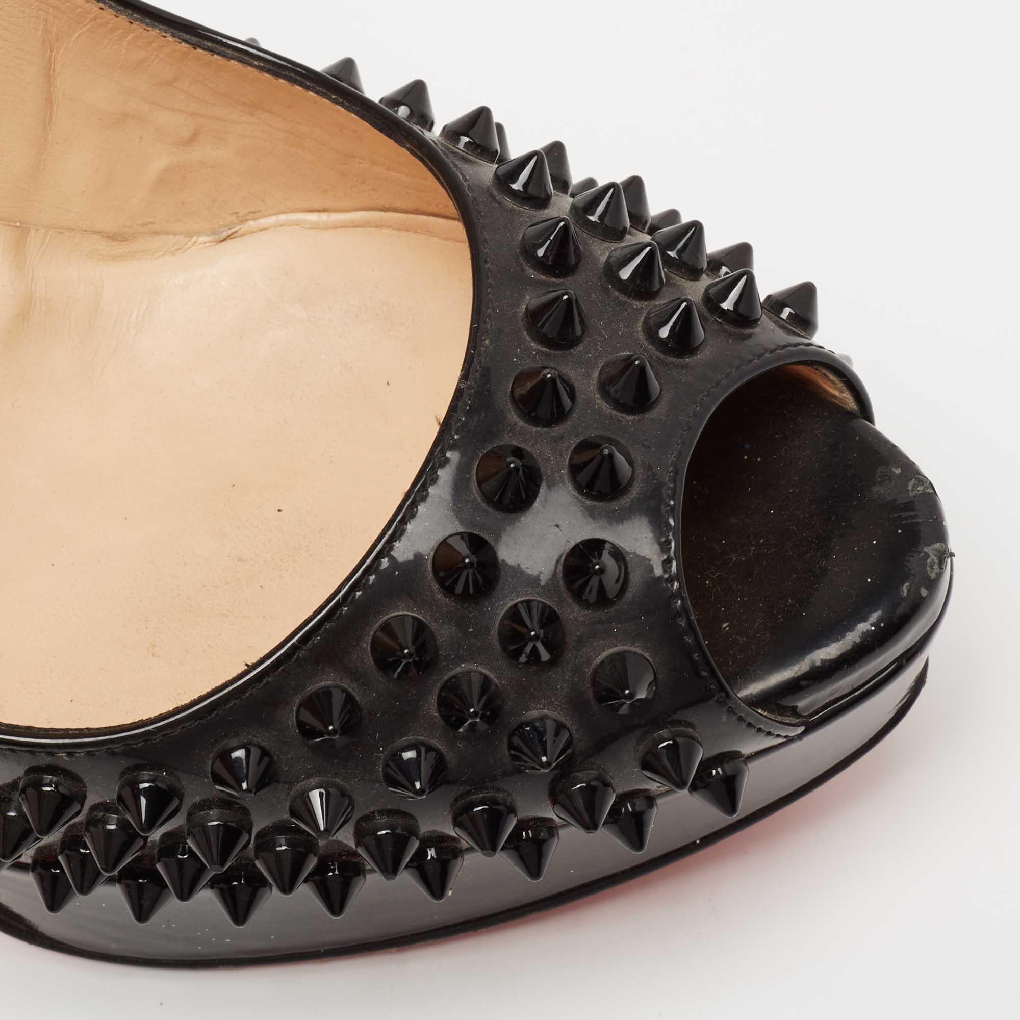 Christian Louboutin Black Lady Peep Spike Peep Toe Platform Pumps Size 39 For Sale 2