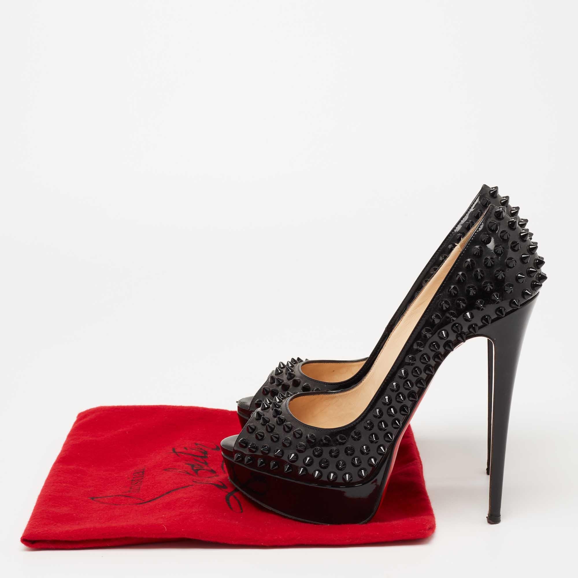 Christian Louboutin Black Lady Peep Spike Peep Toe Platform Pumps Size 39 For Sale 4