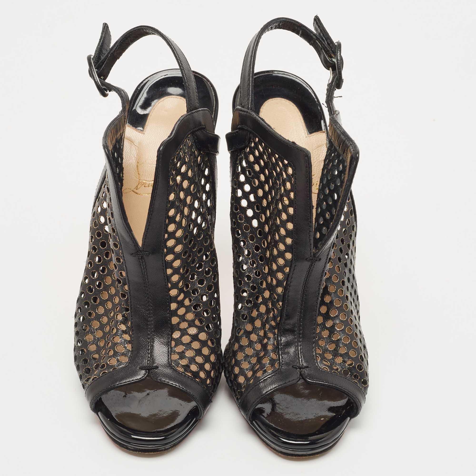 Christian Louboutin Black Laser Cut Leather Escriminette Sandals Size 37 In Good Condition In Dubai, Al Qouz 2