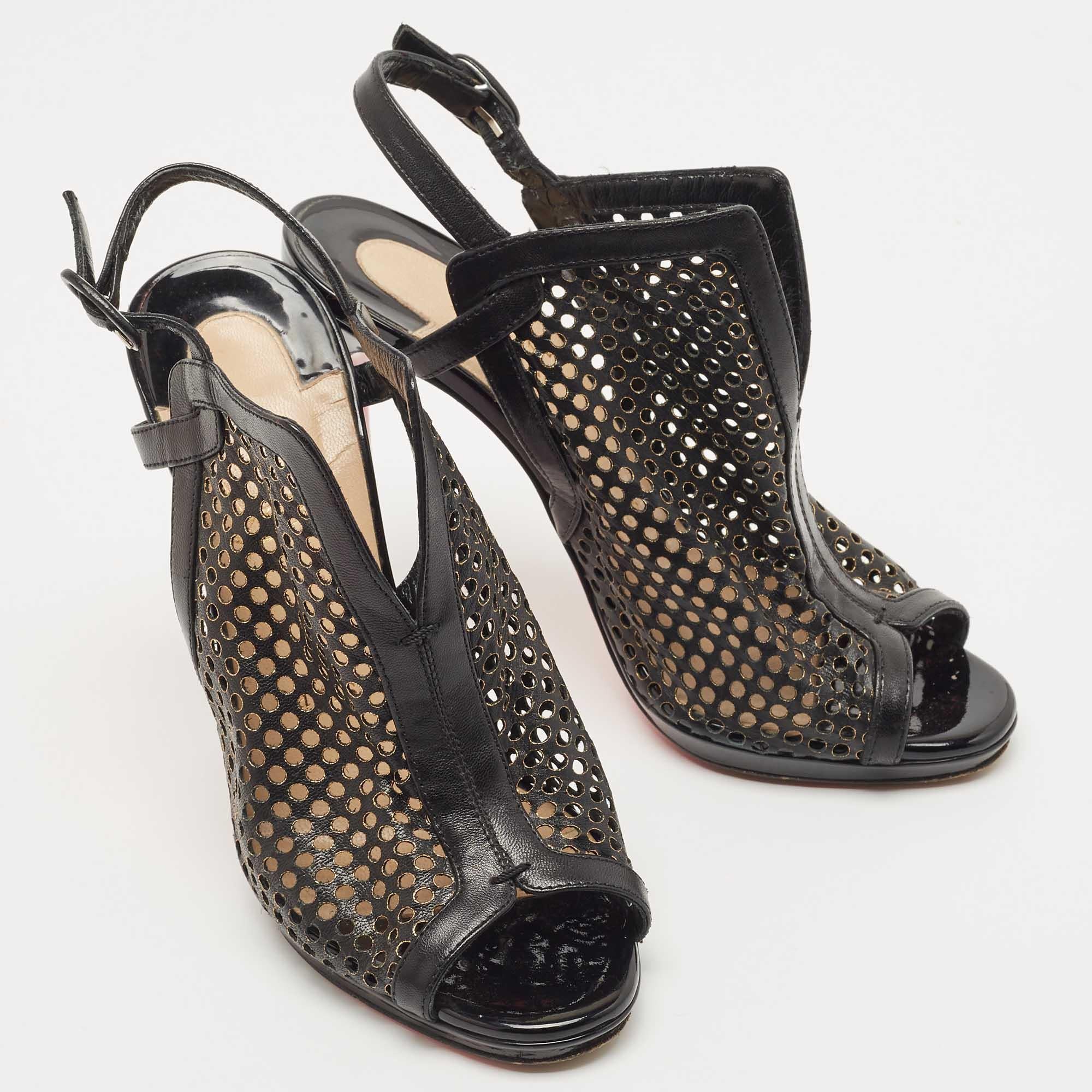 Women's Christian Louboutin Black Laser Cut Leather Escriminette Sandals Size 37