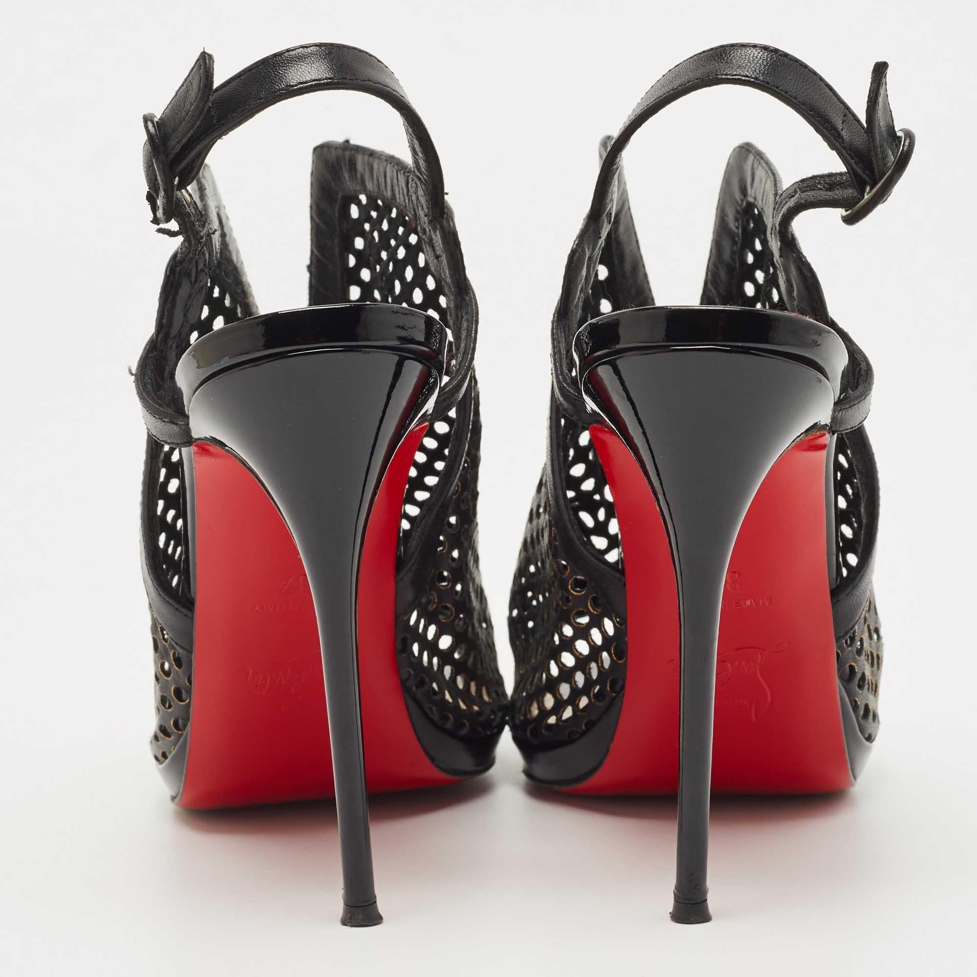 Christian Louboutin Black Laser Cut Leather Escriminette Sandals Size 37 1
