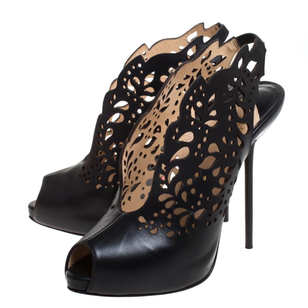 Women's Christian Louboutin Black Lasercut Leather Markesling Slinback Sandals Size 40