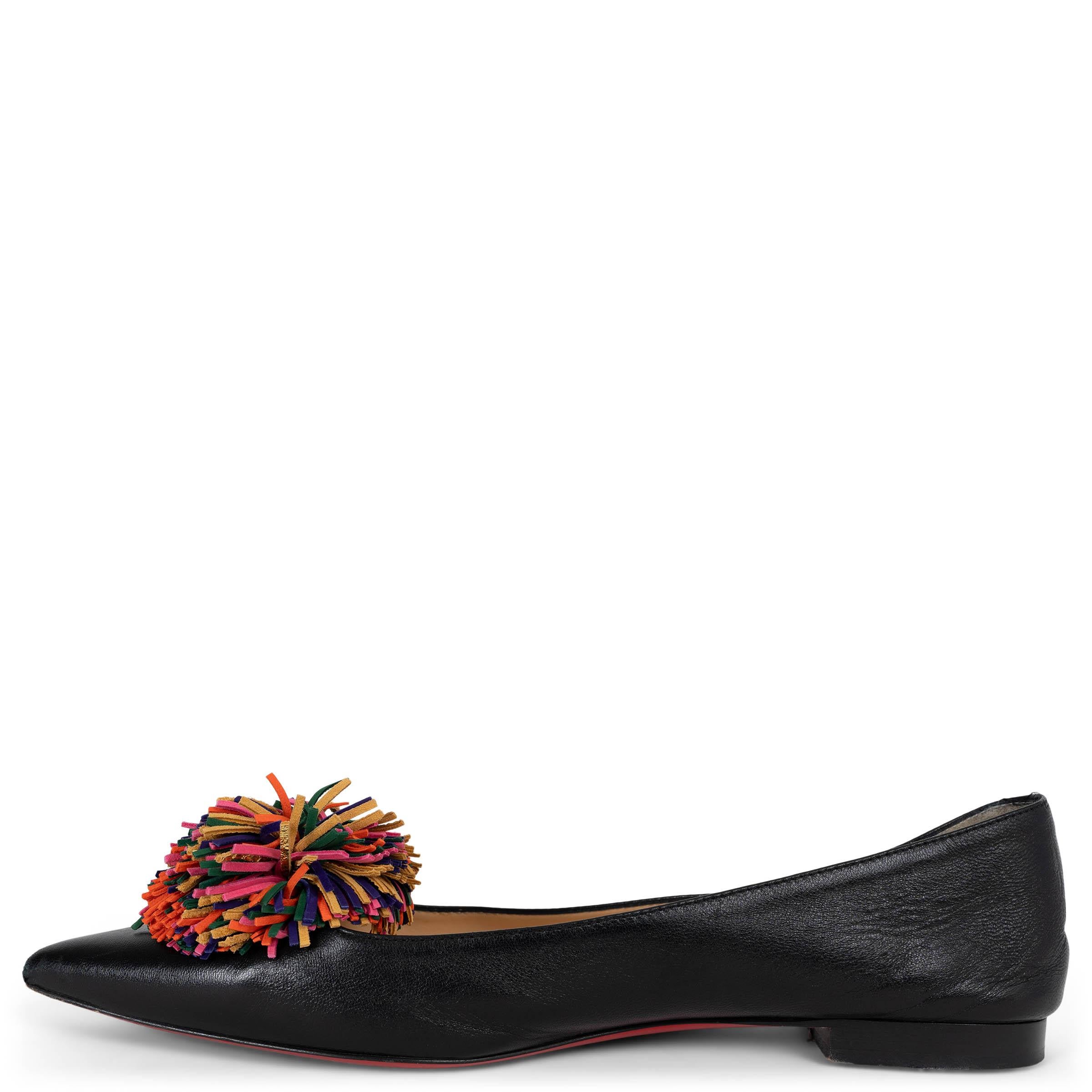 Black CHRISTIAN LOUBOUTIN black leather 2017 KONSTANTINA POMPOM Ballet Shoes 38.5 For Sale