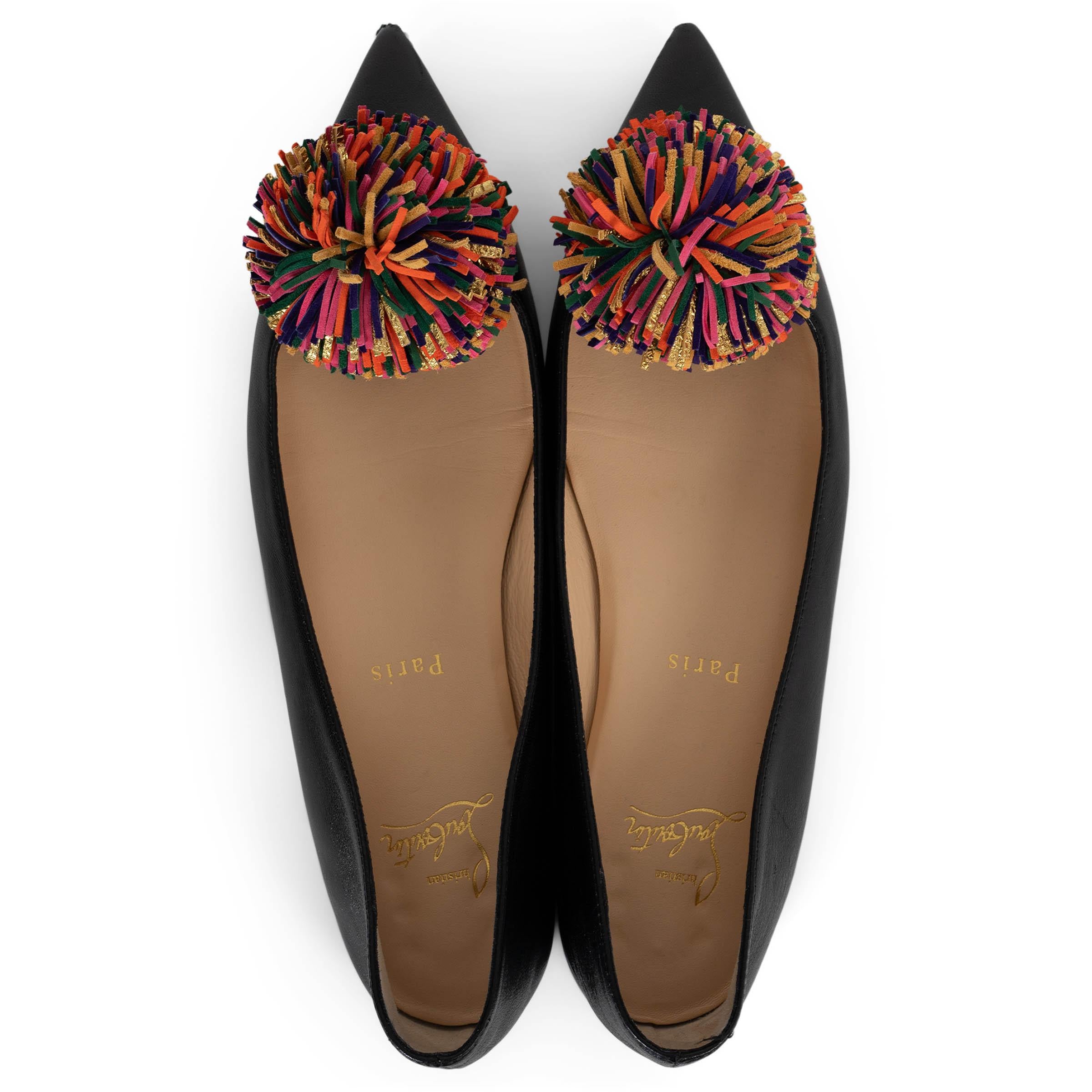 CHRISTIAN LOUBOUTIN black leather 2017 KONSTANTINA POMPOM Ballet Shoes 38.5 For Sale 1