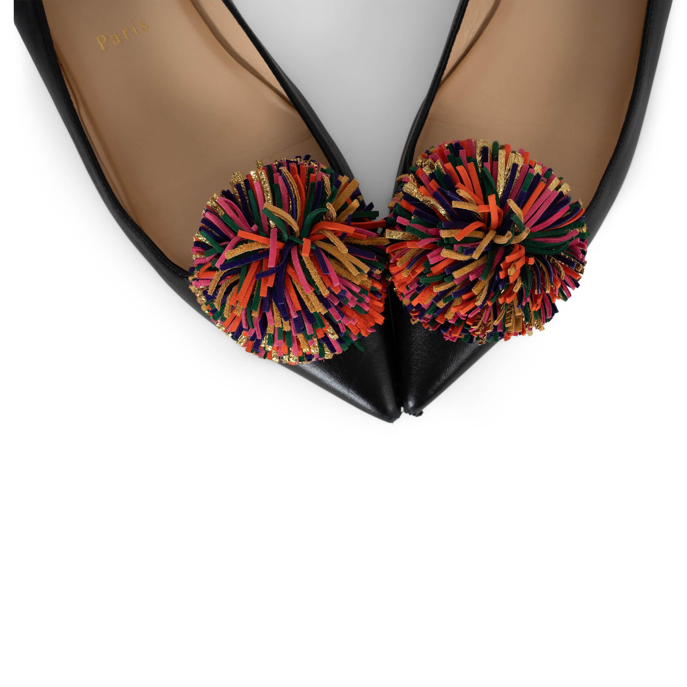 CHRISTIAN LOUBOUTIN black leather 2017 KONSTANTINA POMPOM Ballet Shoes 38.5 For Sale 2
