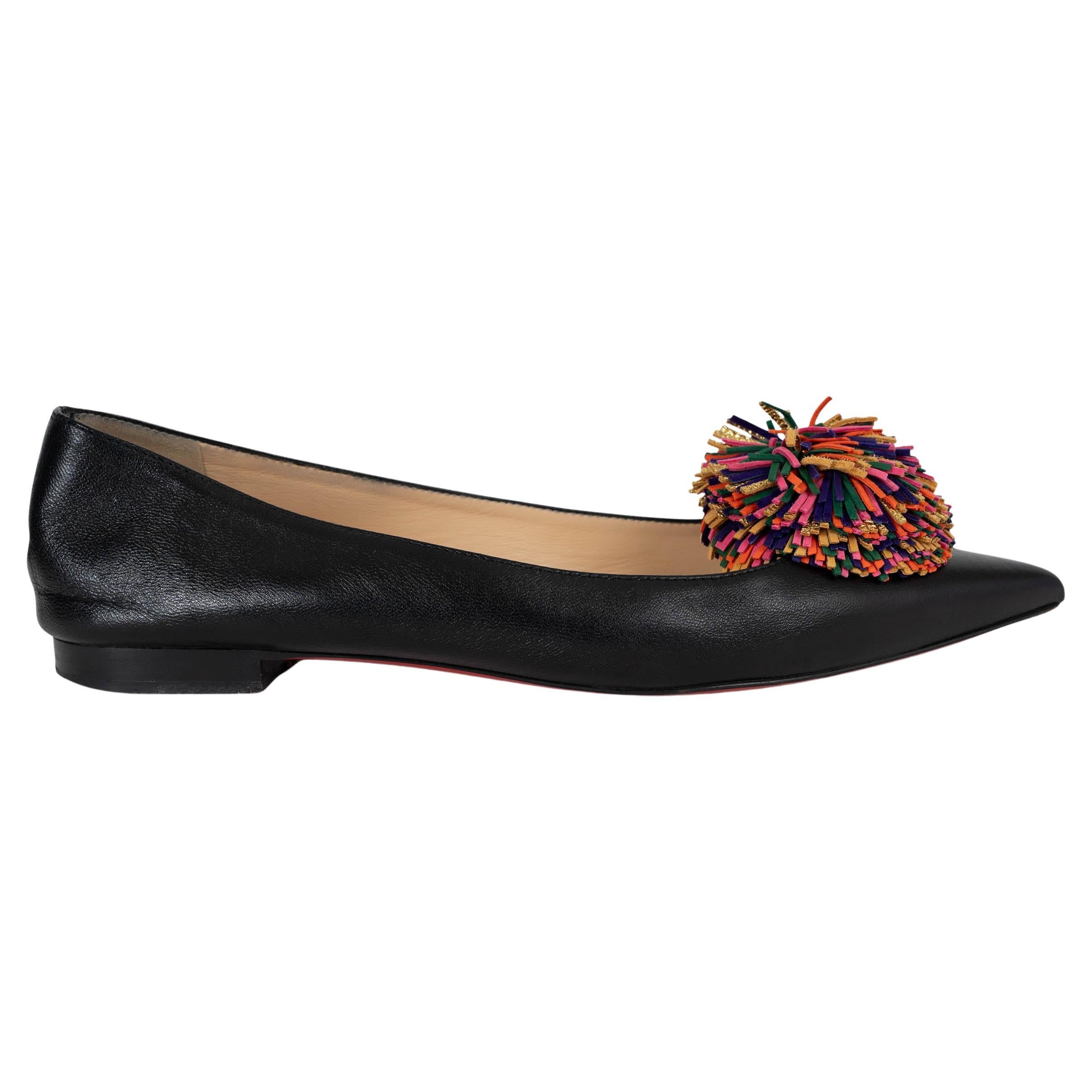 CHRISTIAN LOUBOUTIN black leather 2017 KONSTANTINA POMPOM Ballet Shoes 38.5 For Sale
