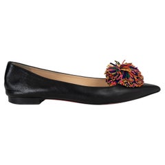 CHRISTIAN LOUBOUTIN black leather 2017 KONSTANTINA POMPOM Ballet Shoes 38.5