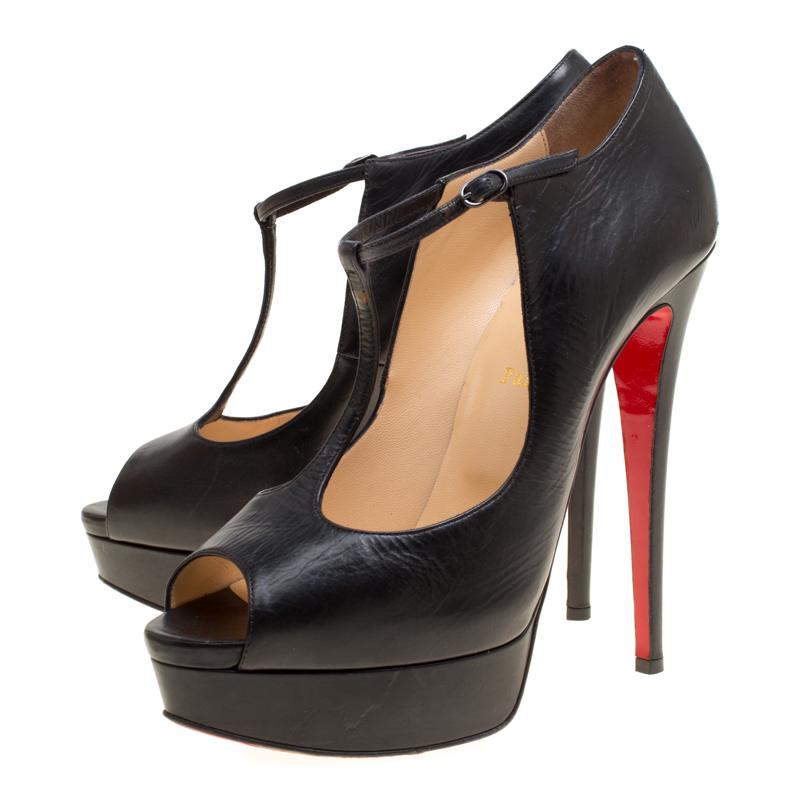 Christian Louboutin Black Leather Alta Poppins T Strap Peep Toe Platfrom Pumps S 4