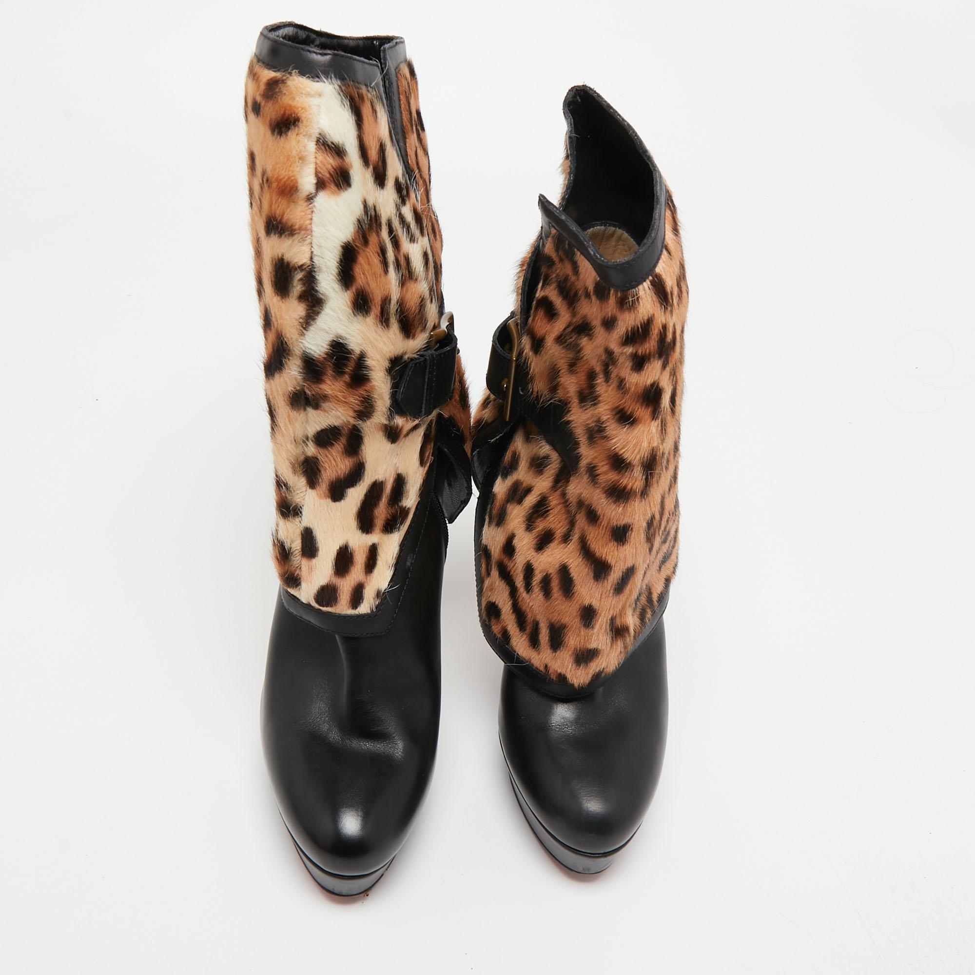 Brown Christian Louboutin Black Leather And Calf hair Leopard Boots Size 40 For Sale