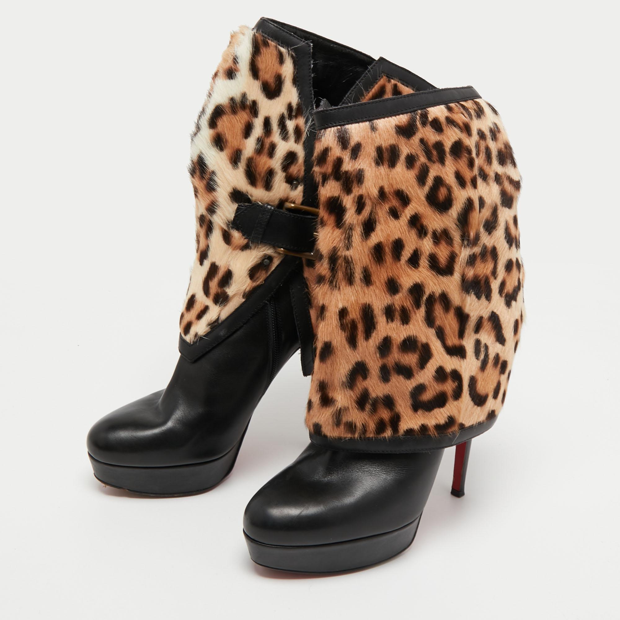 Women's Christian Louboutin Black Leather And Calf hair Leopard Boots Size 40 For Sale