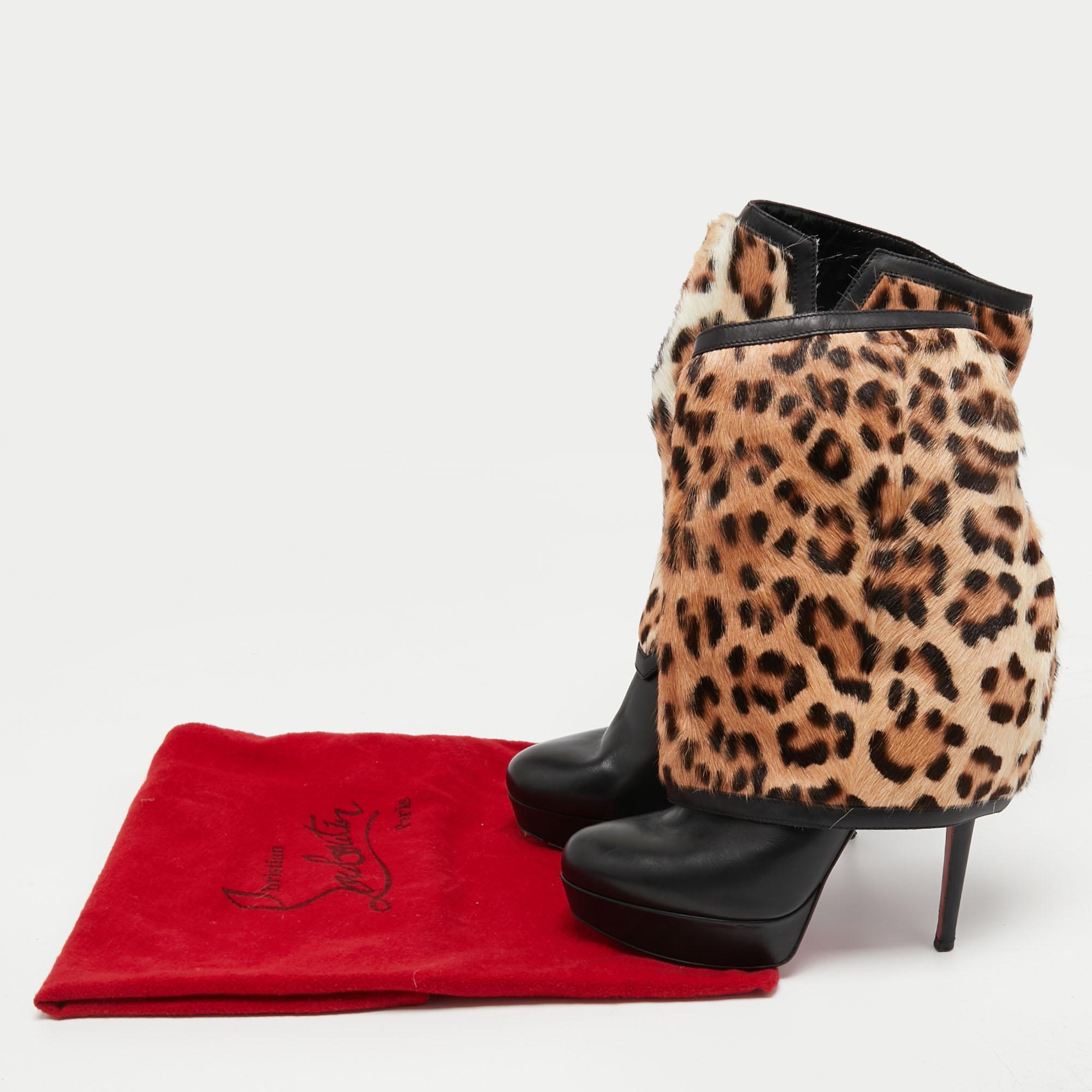 Christian Louboutin Black Leather And Calf hair Leopard Boots Size 40 For Sale 2