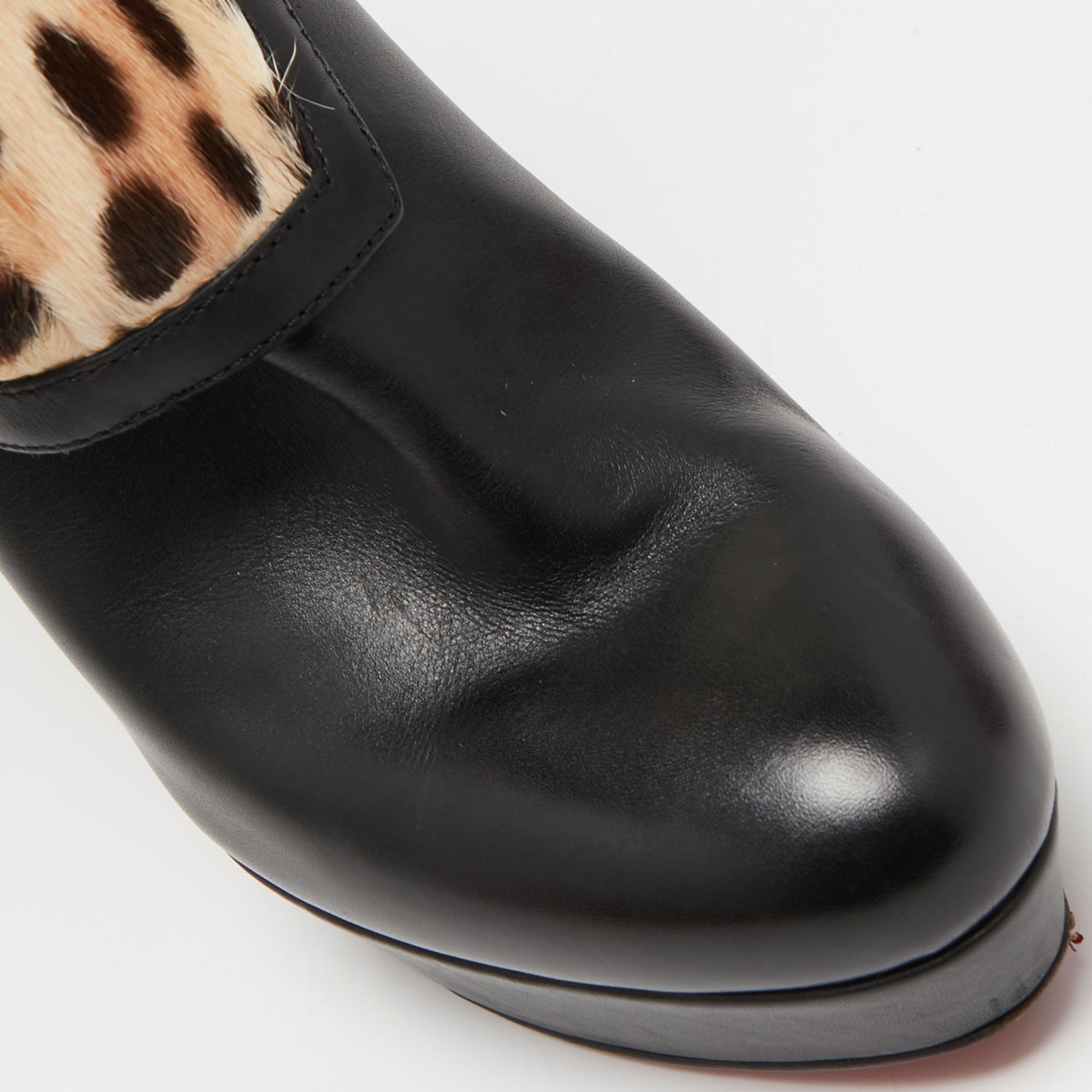 Christian Louboutin Black Leather And Calf hair Leopard Boots Size 40 For Sale 4