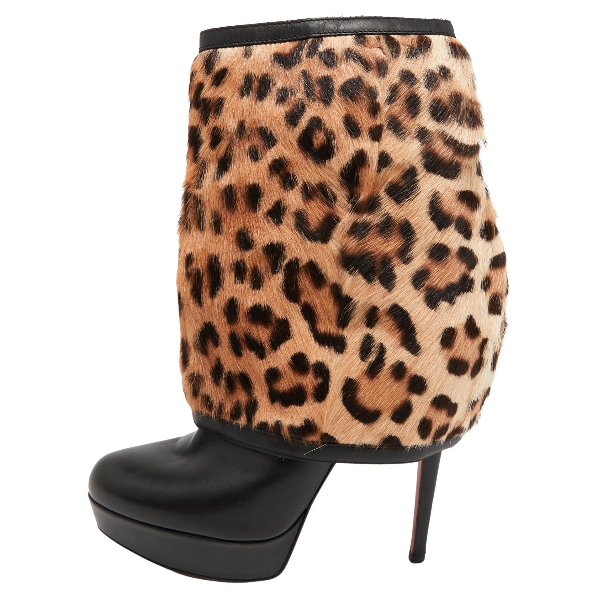 Christian Louboutin Black Leather And Calf hair Leopard Boots Size 40 For Sale