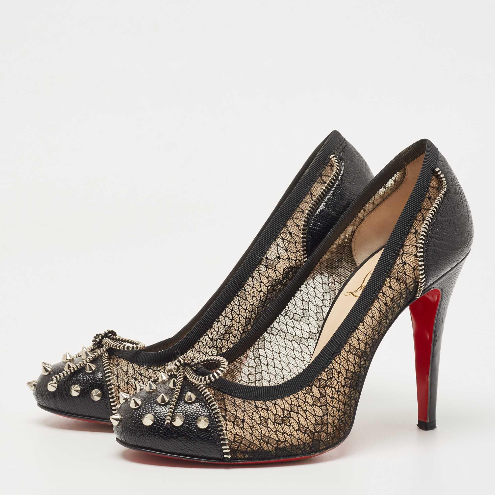 Women's Christian Louboutin Black Leather and Lace Candy Spiked Pumps Size 38 For Sale