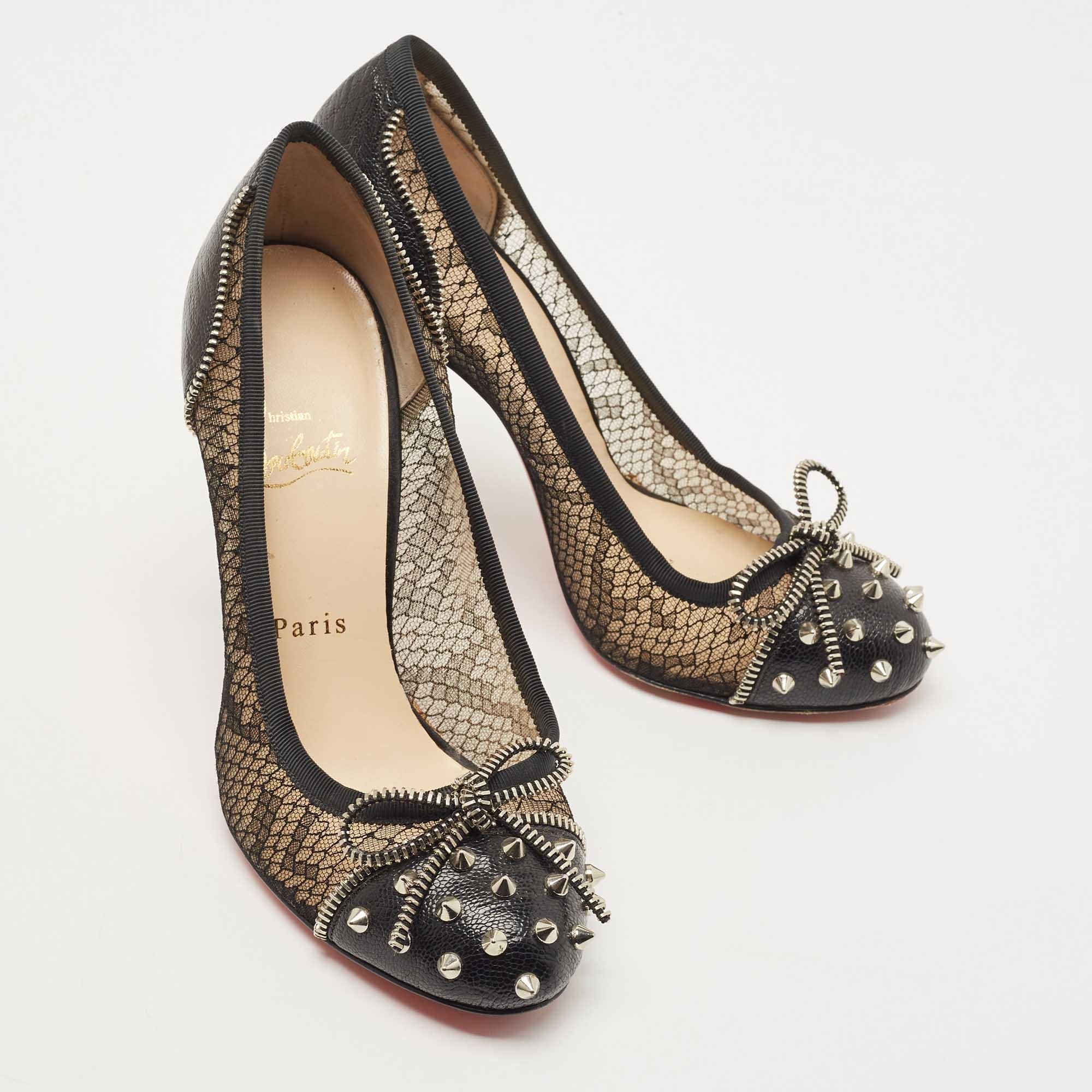 Christian Louboutin Black Leather and Lace Candy Spiked Pumps Size 38 For Sale 1
