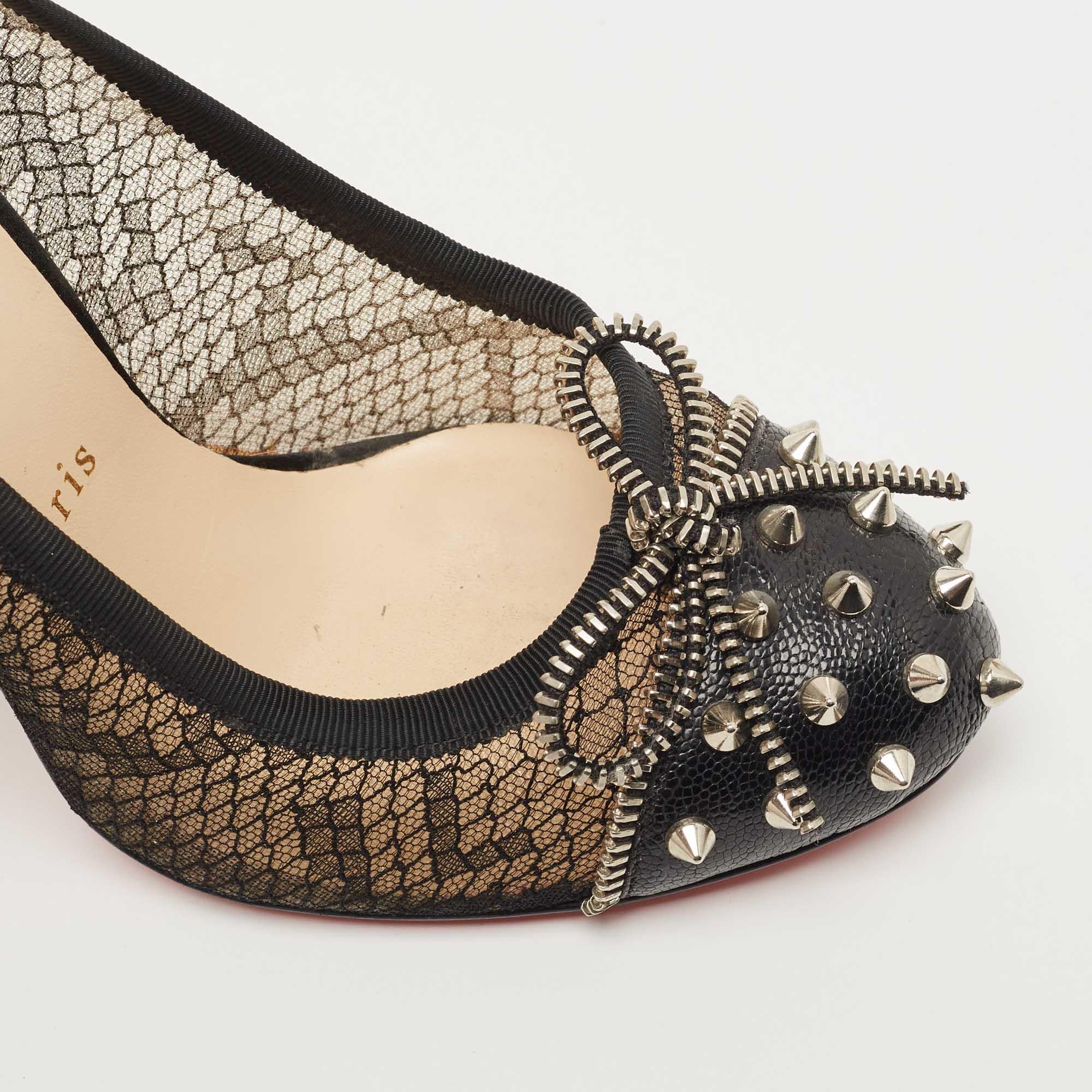 Christian Louboutin Black Leather and Lace Candy Spiked Pumps Size 38 For Sale 2