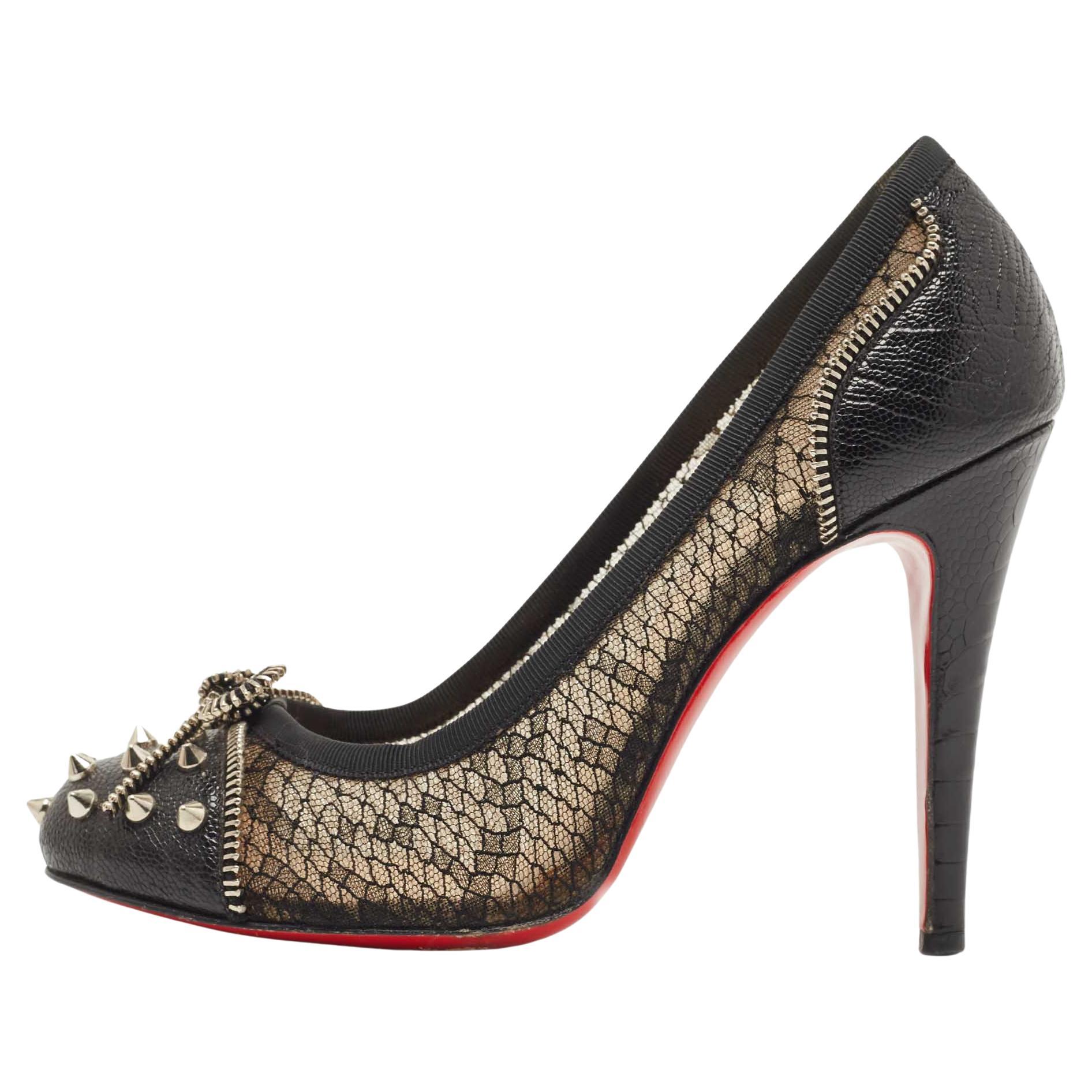 Christian Louboutin Black Leather and Lace Candy Spiked Pumps Size 38 For Sale
