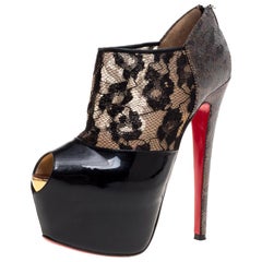 Christian Louboutin Black Leather And Lace Lamé Aeronotoc Peep Toe Size 36.5