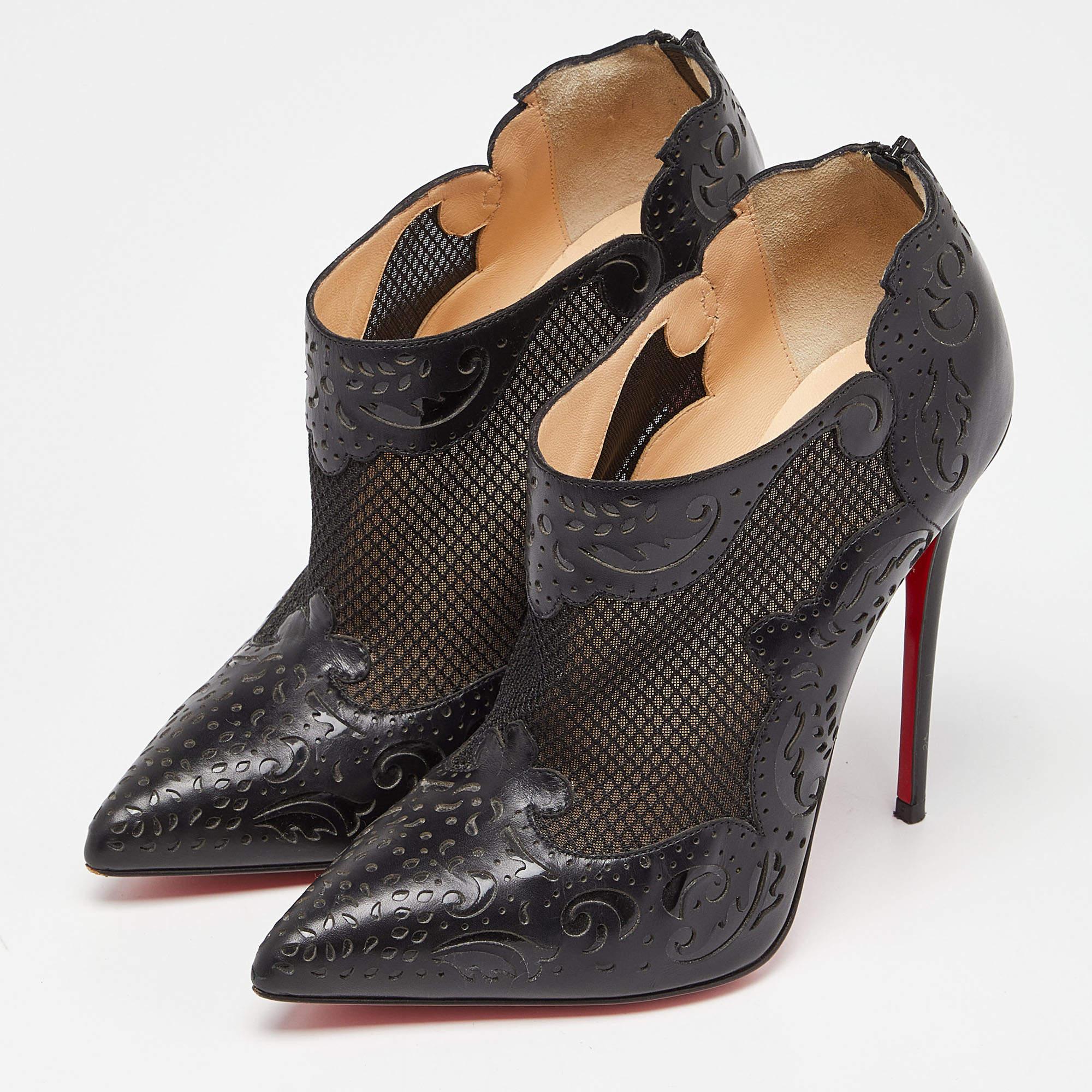 Christian Louboutin Black Leather and Mesh Ankle Booties Size 38 In Good Condition For Sale In Dubai, Al Qouz 2