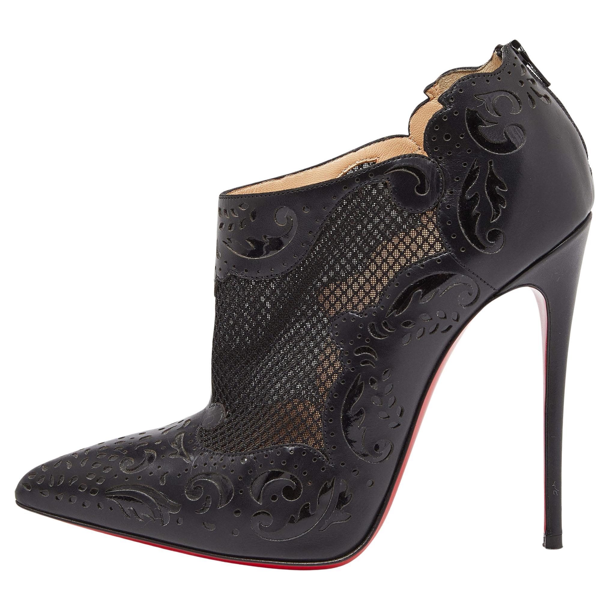 Christian Louboutin Black Leather and Mesh Ankle Booties Size 38 For Sale