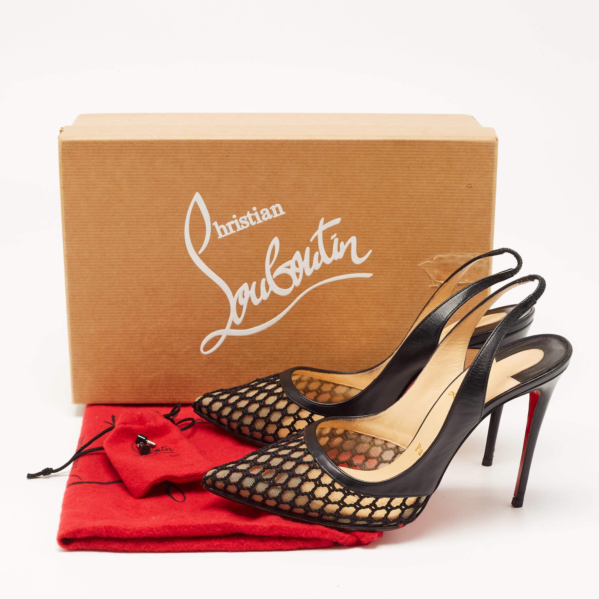 Christian Louboutin Black Leather and Mesh Miluna Slingback Pumps Size 37.5 For Sale 6