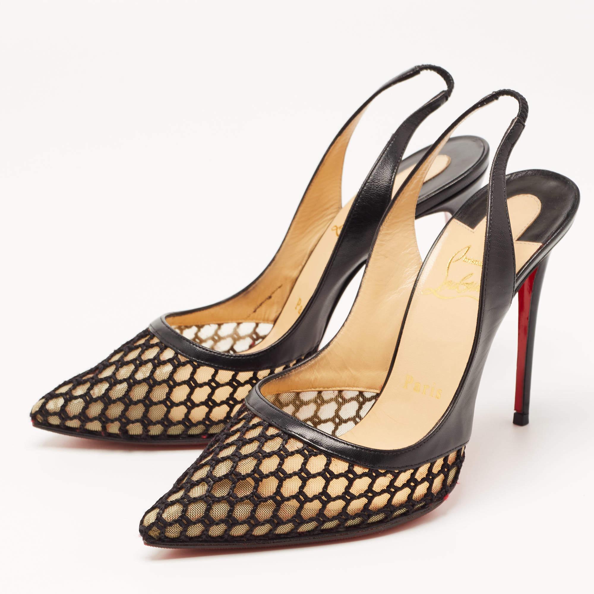 Women's Christian Louboutin Black Leather and Mesh Miluna Slingback Pumps Size 37.5 For Sale
