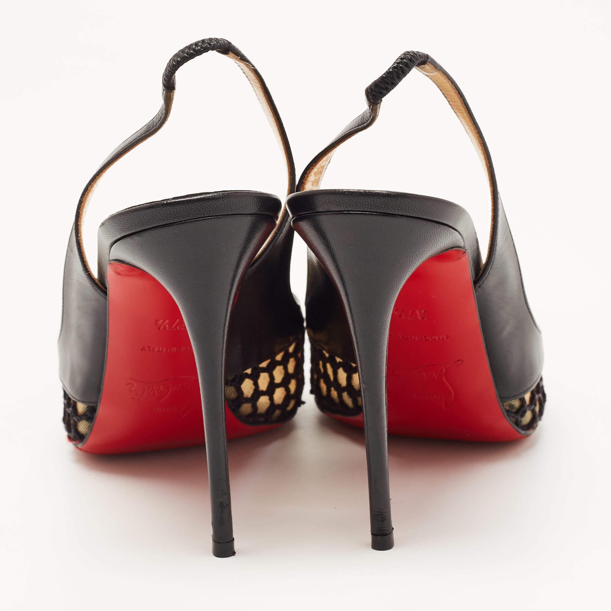 Christian Louboutin Black Leather and Mesh Miluna Slingback Pumps Size 37.5 For Sale 3