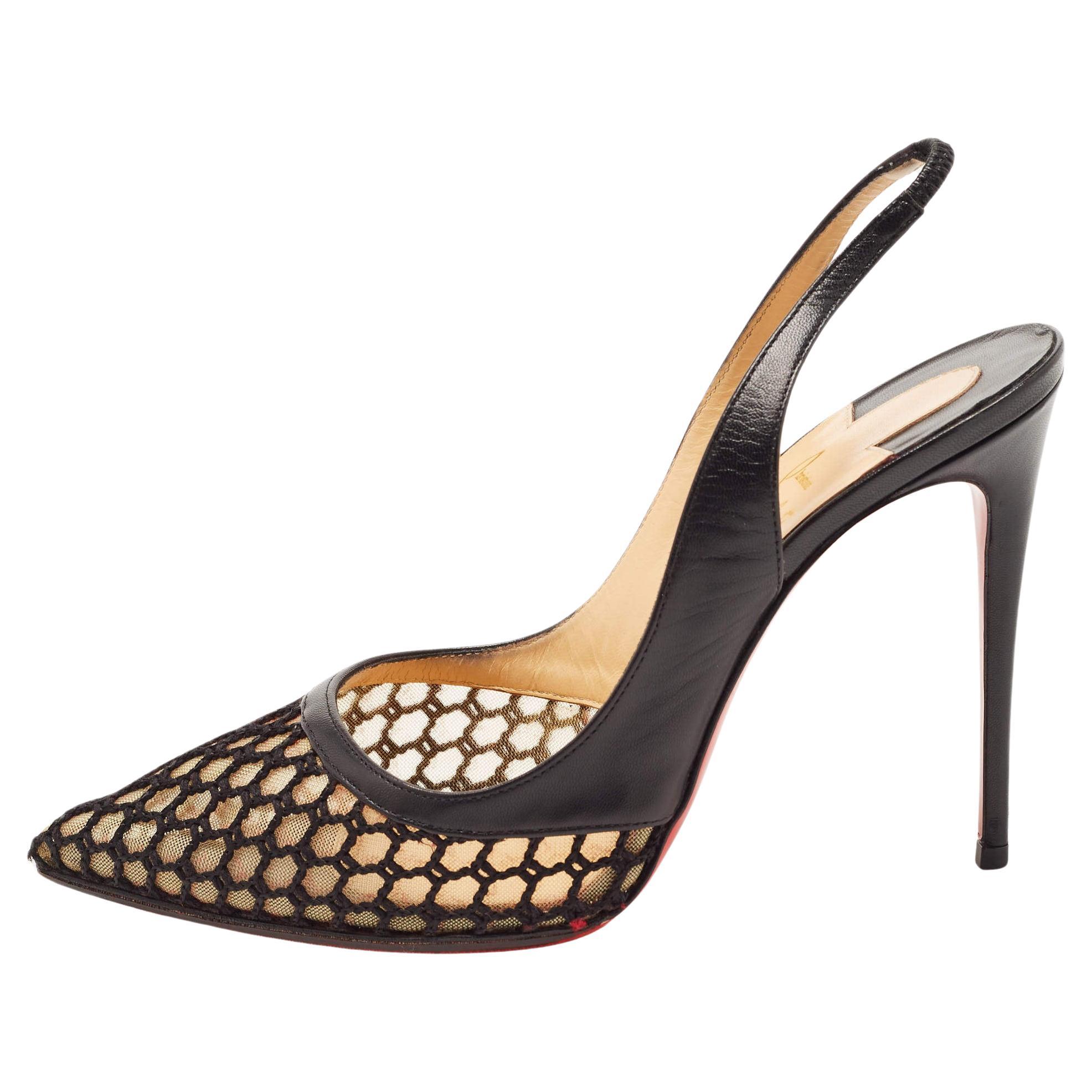 Christian Louboutin Black Leather and Mesh Miluna Slingback Pumps Size 37.5 For Sale