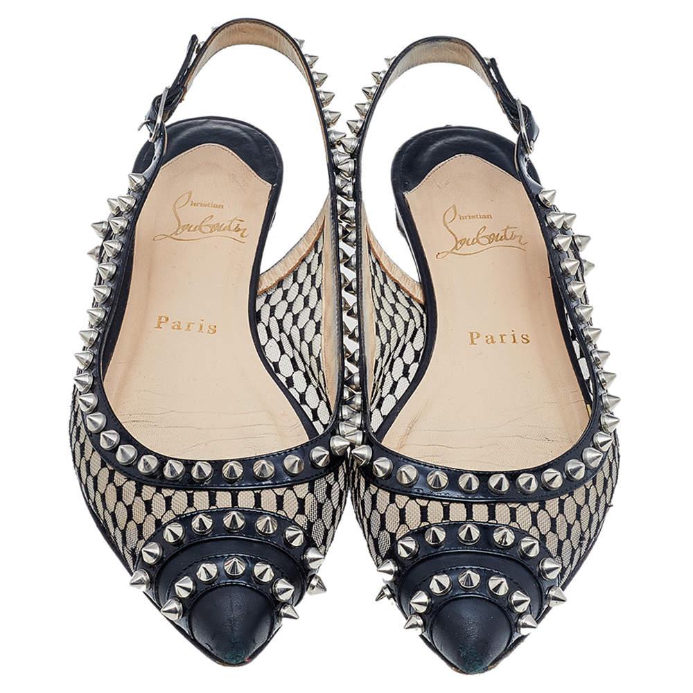 Beige Christian Louboutin Black Leather And Mesh Spiked Flat Sandals Size 37