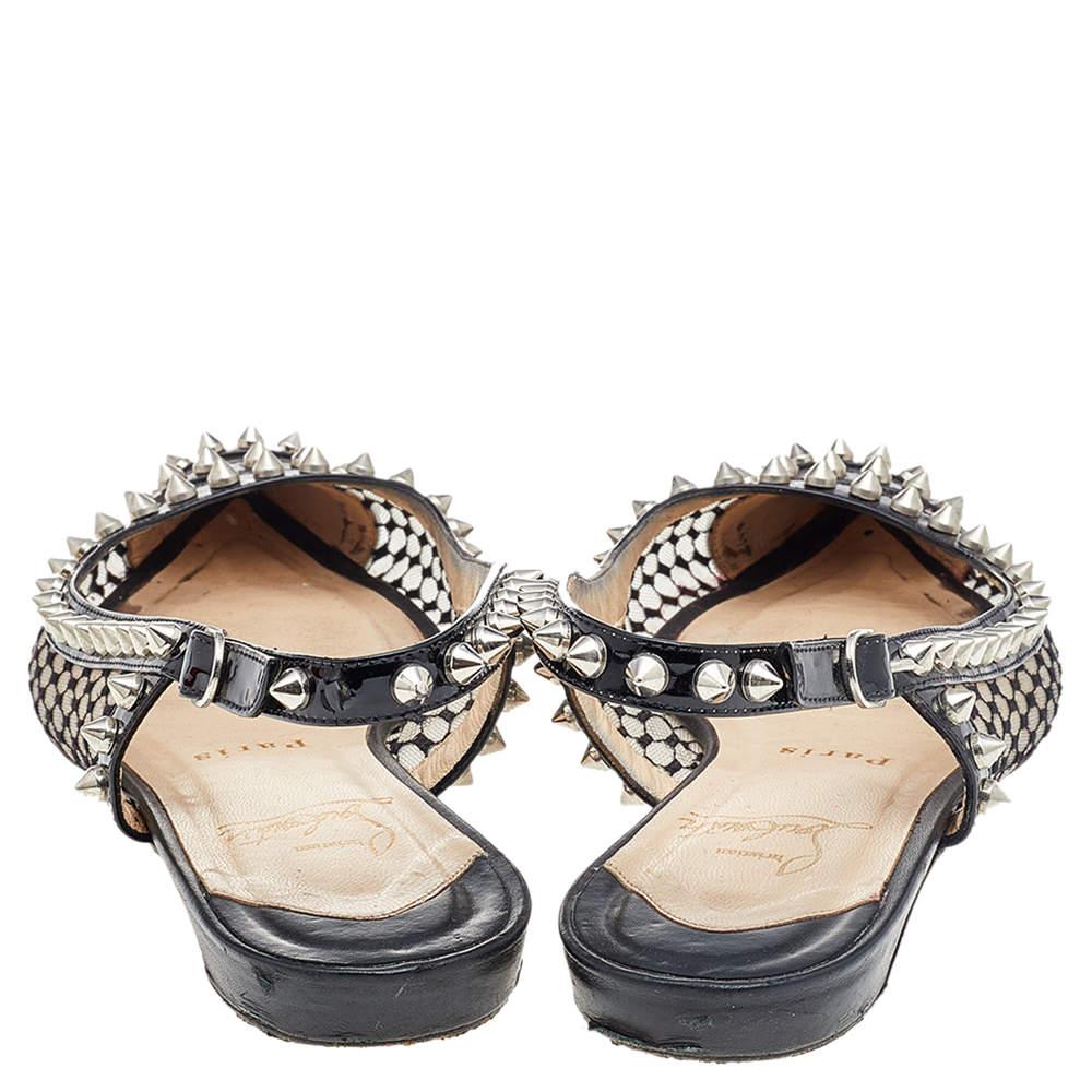 Women's Christian Louboutin Black Leather And Mesh Spiked Flat Sandals Size 37