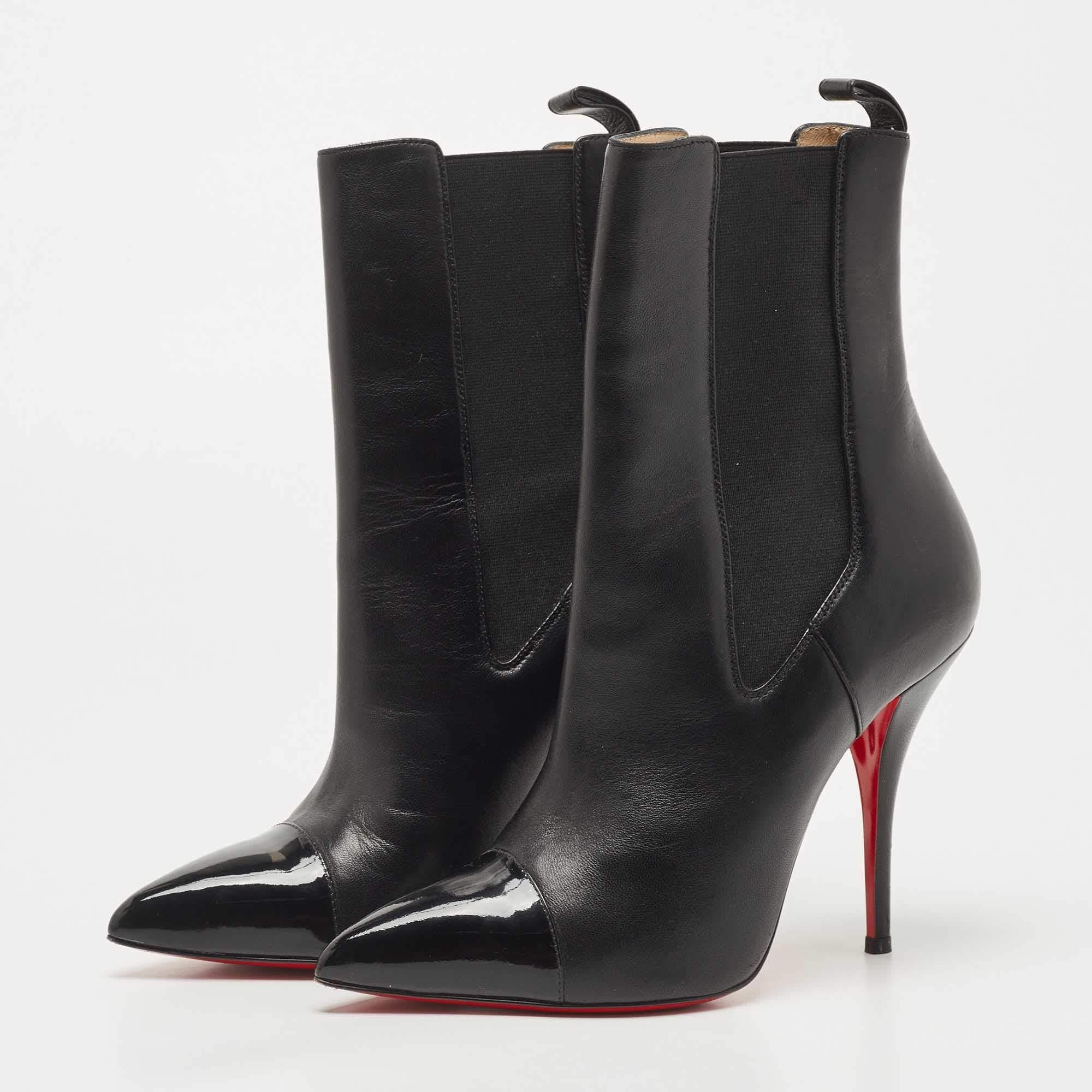 Women's Christian Louboutin Black Leather and Patent Tuscon Booties Size 38