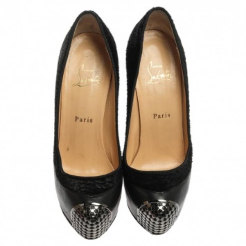 Christian Louboutin Black Leather And Pony Hair Maggie Platform Pumps Size 38 For Sale 1