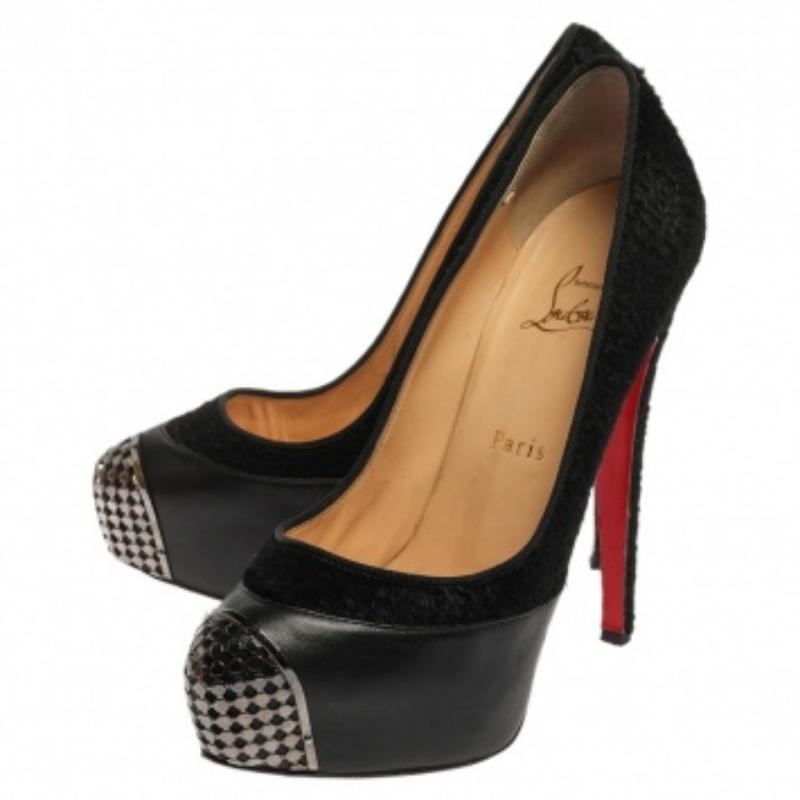 Christian Louboutin Black Leather And Pony Hair Maggie Platform Pumps Size 38 For Sale 2