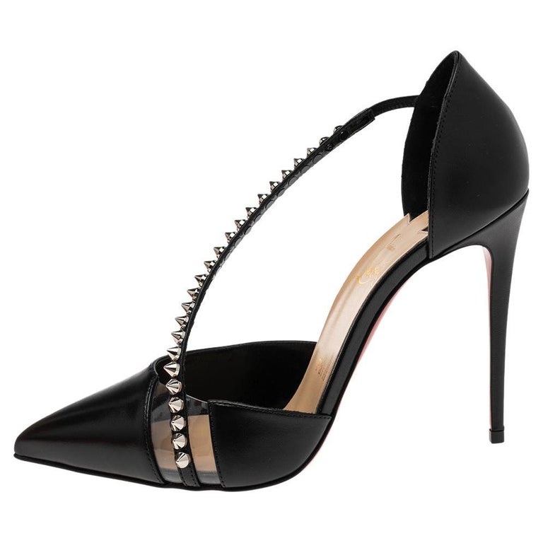 Christian Louboutin Black Leather And PVC Spike Cross D'orsay Pumps Size  37.5 at 1stDibs