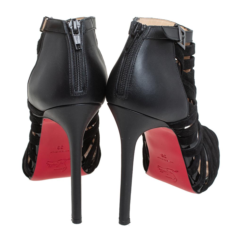 Christian Louboutin Black Leather And Suede Caged Karina Ankle Booties Size 39 In Good Condition In Dubai, Al Qouz 2