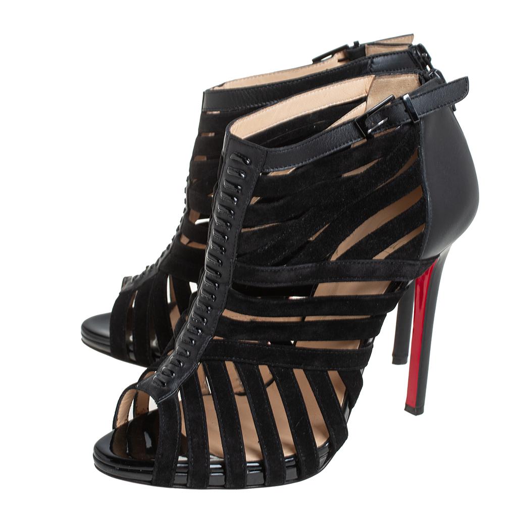 Women's Christian Louboutin Black Leather And Suede Caged Karina Ankle Booties Size 39