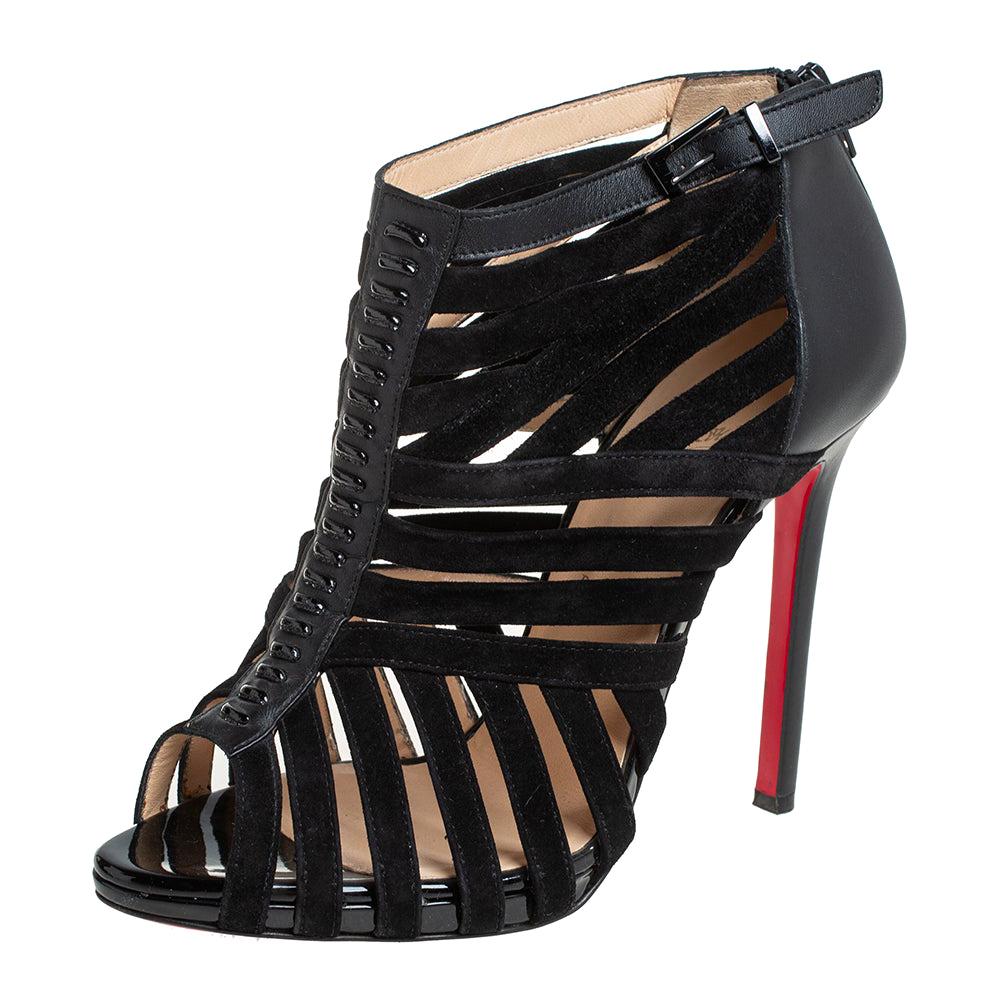 Christian Louboutin Black Leather And Suede Caged Karina Ankle Booties Size 39