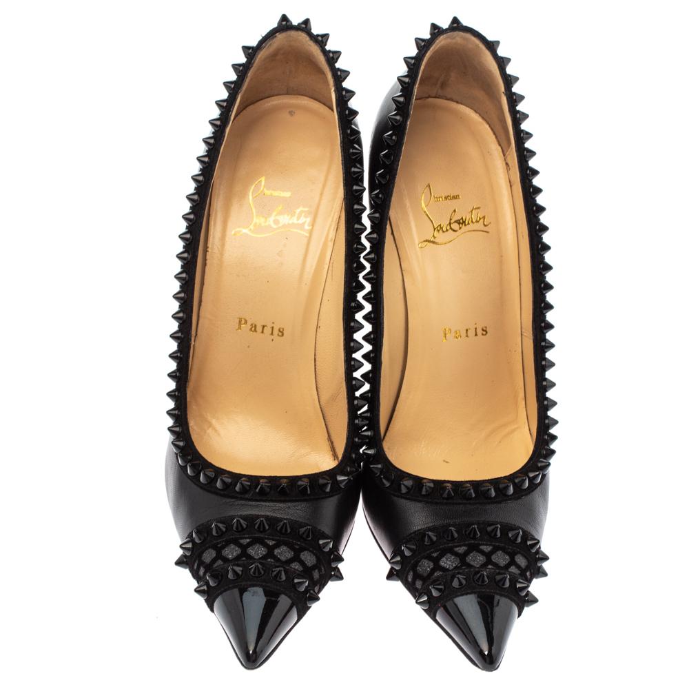 Christian Louboutin Black Leather and Suede Trim Malabar Spiked Pumps Size 38 In Fair Condition In Dubai, Al Qouz 2