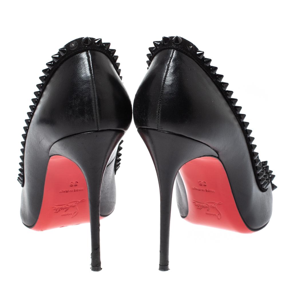 Women's Christian Louboutin Black Leather and Suede Trim Malabar Spiked Pumps Size 38