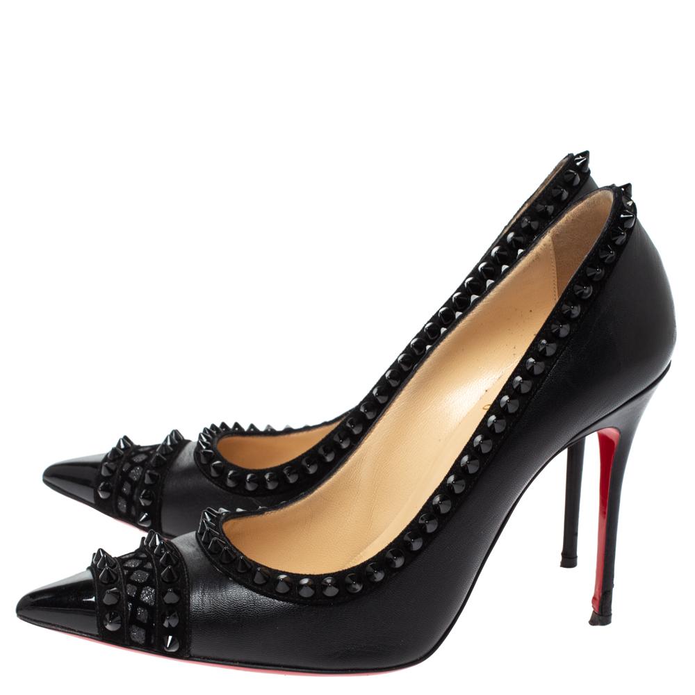 Christian Louboutin Black Leather and Suede Trim Malabar Spiked Pumps Size 38 1