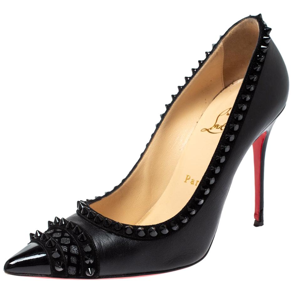 Christian Louboutin Black Leather and Suede Trim Malabar Spiked Pumps Size 38