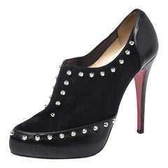 Christian Louboutin Black Leather And Suede V Vamp Spike Studded Booties Size 38