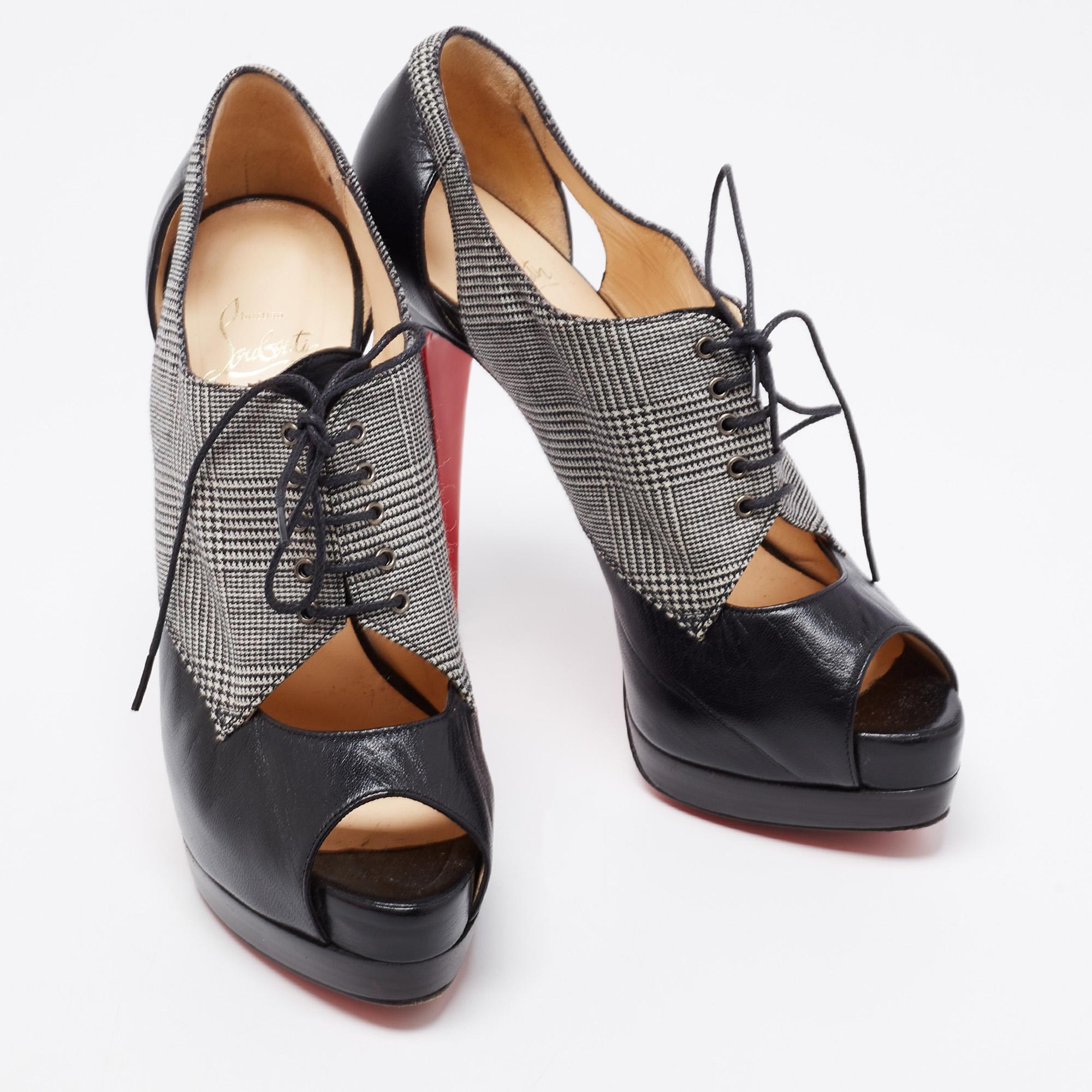 Women's Christian Louboutin Black Leather And Tartan Platform Oxford Booties Size 38.5