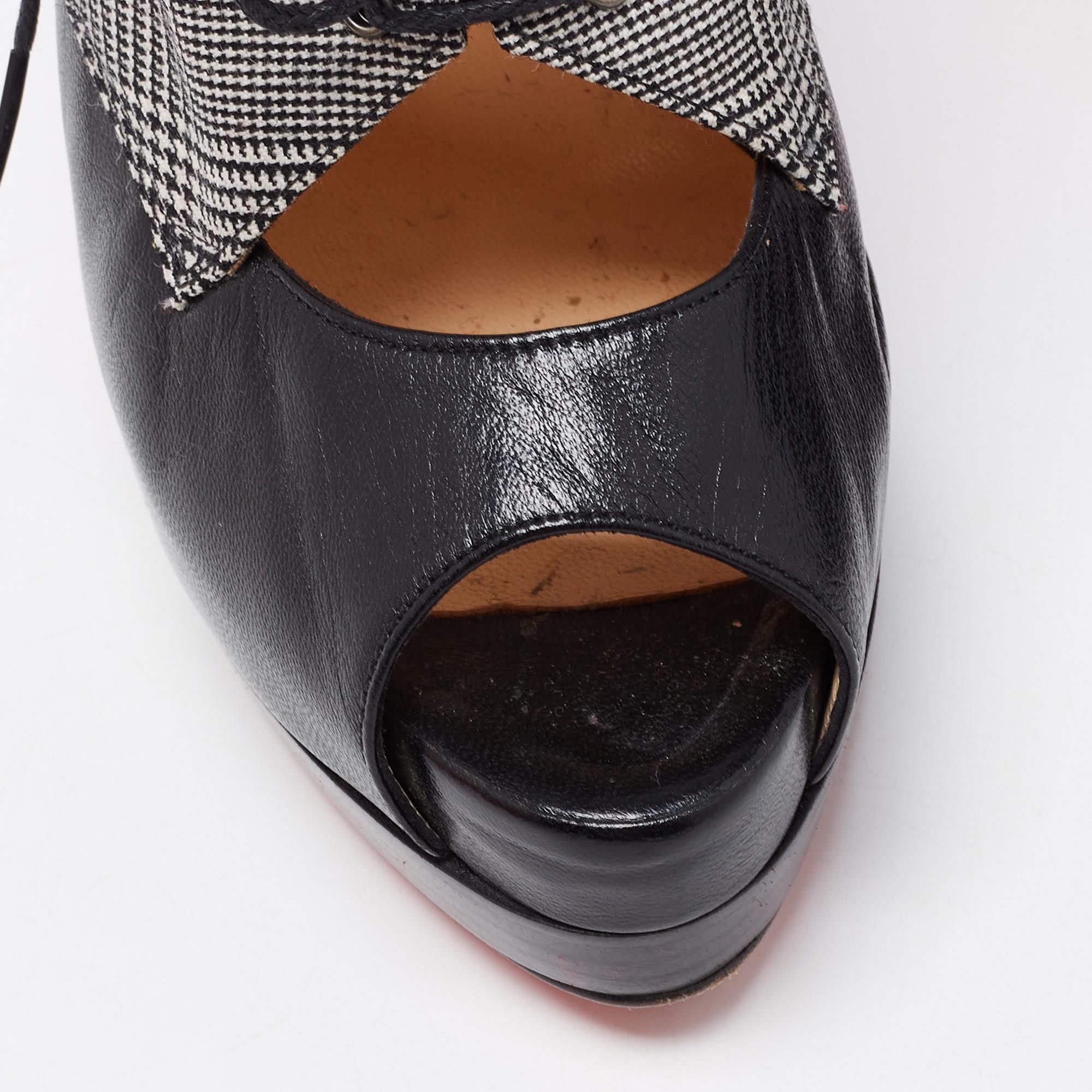 Christian Louboutin Black Leather And Tartan Platform Oxford Booties Size 38.5 1