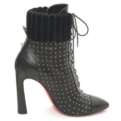 CHRISTIAN LOUBOUTIN Black Leather Ankle Boot Silver Studs Lace Up Toe Sz 38.5